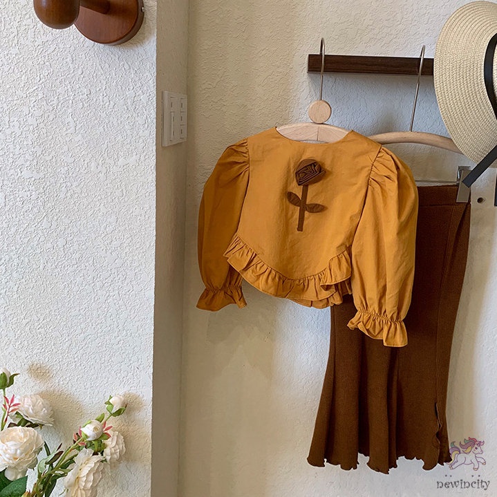 Bộ Áo Sơ Mi Họa Tiết Hoa + Quần Dệt Kim Lưng Cao Thời Trang Mùa Thu Hàn Quốc Cho Bé Gái