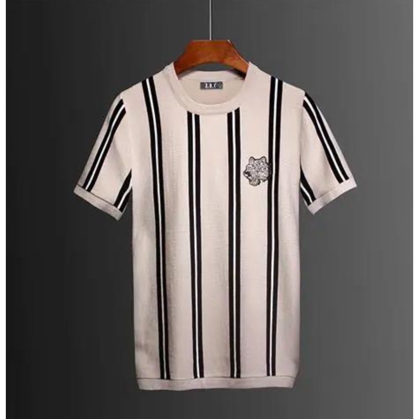 Áo Thun Dệt Kim Tay Ngắn Dáng Ôm In Họa Tiết Màu Sắc Tương Phản Thời Trang Cho Nam