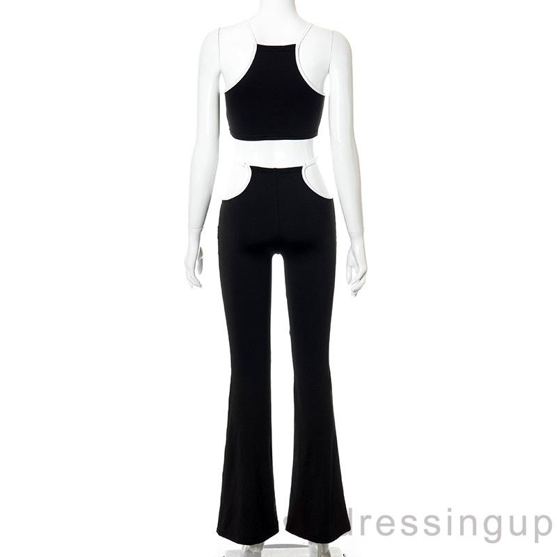 Bộ Đồ 2 Món Áo Croptop Phối Màu + Quần Lưng Cao Khoét Lỗ Thời Trang Mùa Hè Cho Nữ Đen