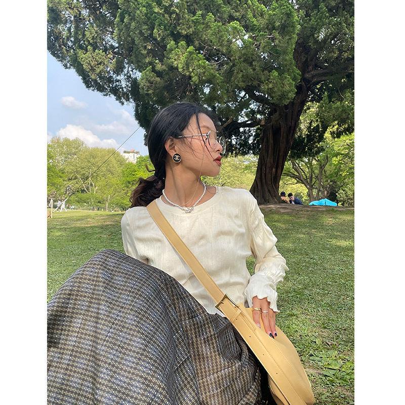 ✤♂✧Áo dài tay cổ tròn màu trơn thiết kế xếp ly phong cách Retro Pháp