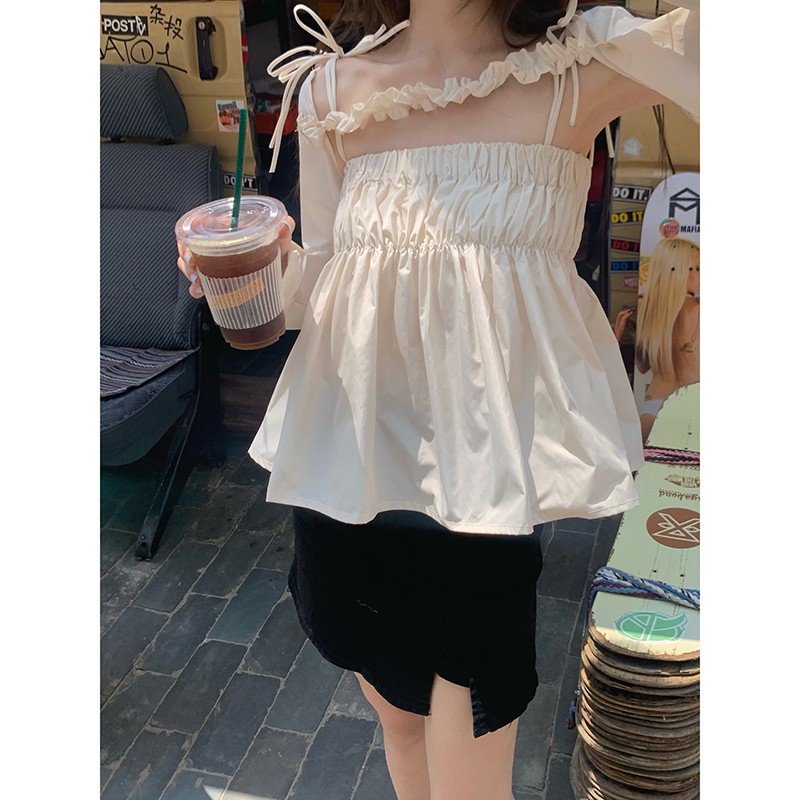 Ái tay dài trễ vai hai mảnh mỏng xếp ly | BigBuy360 - bigbuy360.vn