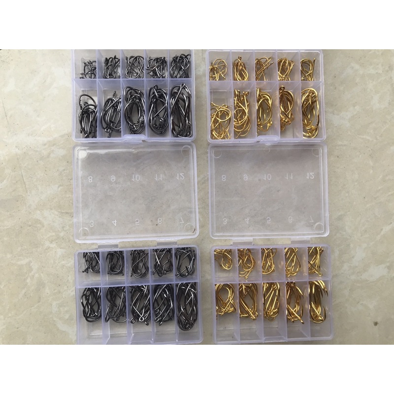 Hộp 100 lưỡi câu carbon câu cá siêu nhạy đủ size 3-12