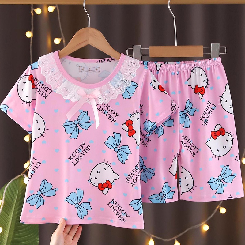 Bộ Đồ Ngủ Mặc Nhà Tay Ngắn Vải Mỏng Thiết Kế Dễ Thương Cho Bé Gái