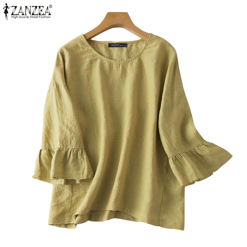 Áo kiểu Zanzea cổ tròn tay bèo 3/4 họa tiết caro thời trang cho nữ