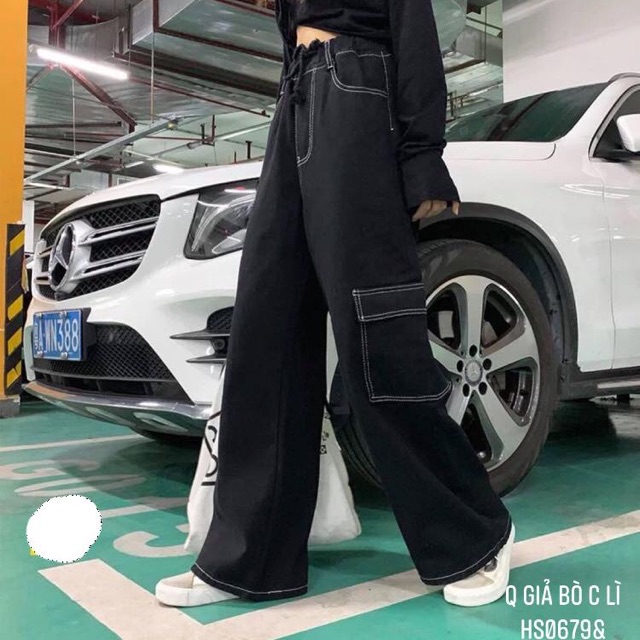Quần giả bò ống rộng dập chỉ nổi - HS