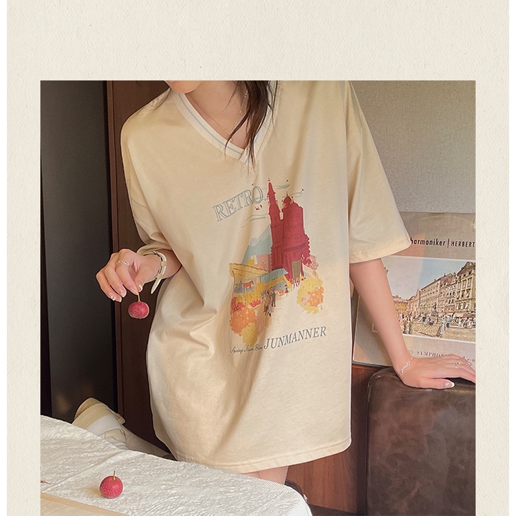 Áo Thun Tay Ngắn Cổ Chữ V Hoạ Tiết Vintage Cho Nữ