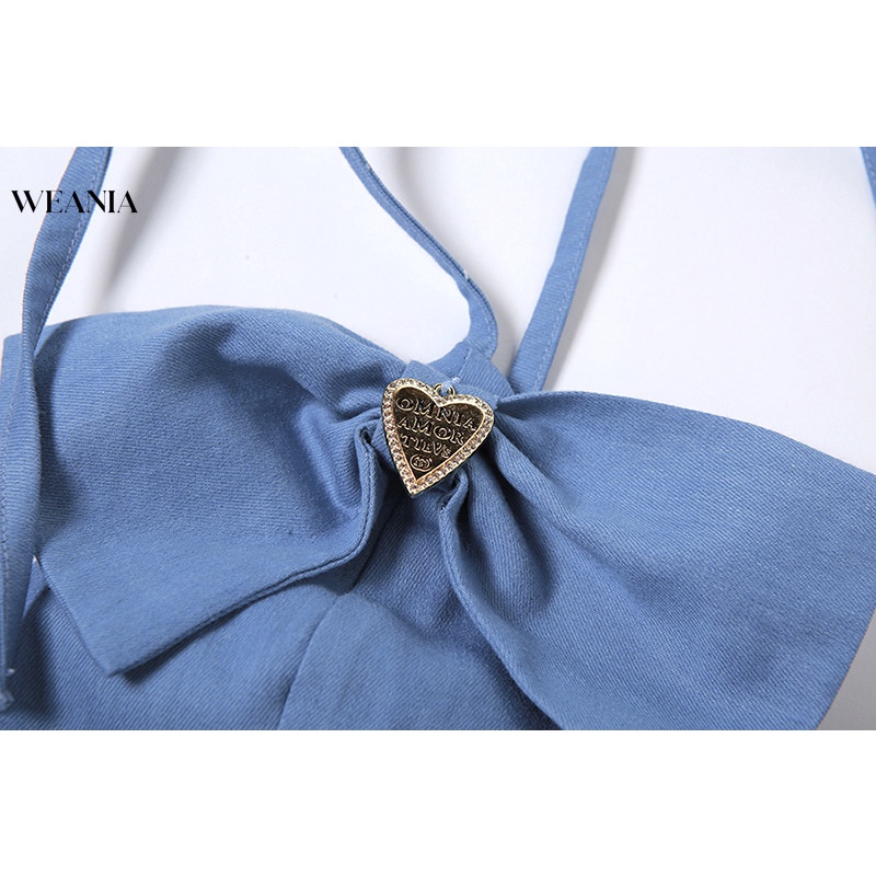 Áo Tank Top Denim Cổ Chữ V Thắt Nơ Bướm Thiết Kế Mới Thời Trang Theo Phong Cách Hàn Quốc