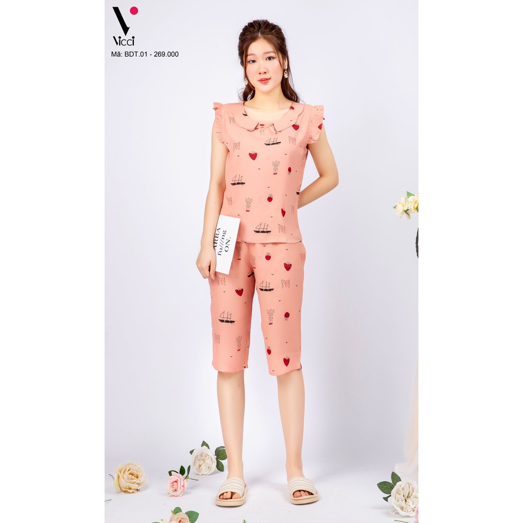 Bộ đồ mặc nhà đũi Vicci BDT.01 áo tay bèo nhún quần lửng nhiều họa tiết