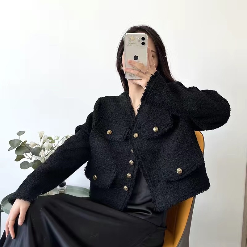 ÁO DẠ TWEED ĐEN DÁNG NGẮN - ÁO KHOÁC NỮ THU ĐÔNG