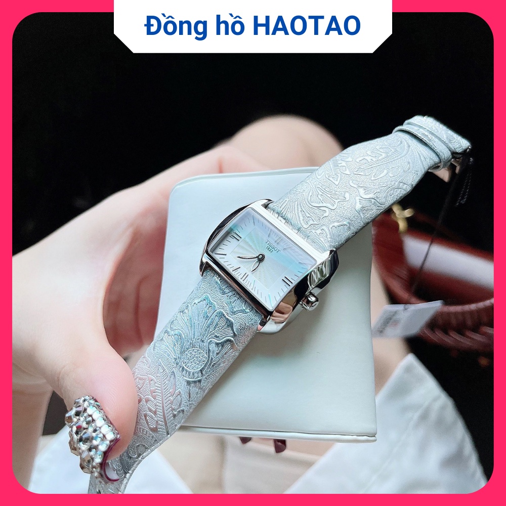 Đồng hồ nữ Tissot mặt chữ nhật dây da màu bạc nổi vân mặt số HAOTAO TS02