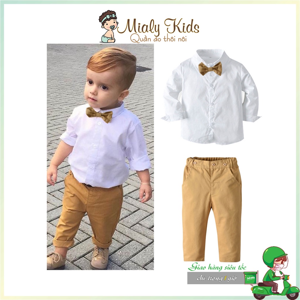 Bộ quần áo sơ mi cho bé (8-21kg), Chất liệu kate mềm mịn, màu áo trắng kết hợp cùng quần be nâu vô cùng bảnh trai
