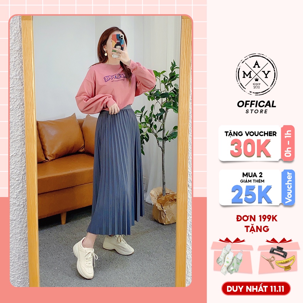 Chân Váy Midi Xếp Ly Dáng Dài MAY.SINCE2011, Váy Midi Dáng Xòe Freesize Che Khuyết Điểm MAN02-0110