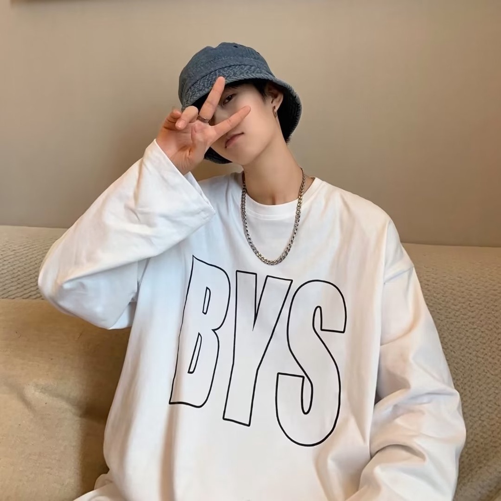 Áo Thun Tay Dài Cổ Tròn Dáng Rộng In Chữ Phong Cách Hip Hop Hàn Quốc Thời Trang Cho Nam Size M-5XL