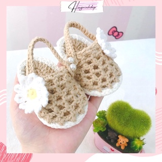 Giày sandal đính hoa cúc bằng len cho bé dưới 1 tuổi , Giày len đính hoa cúc cho bé