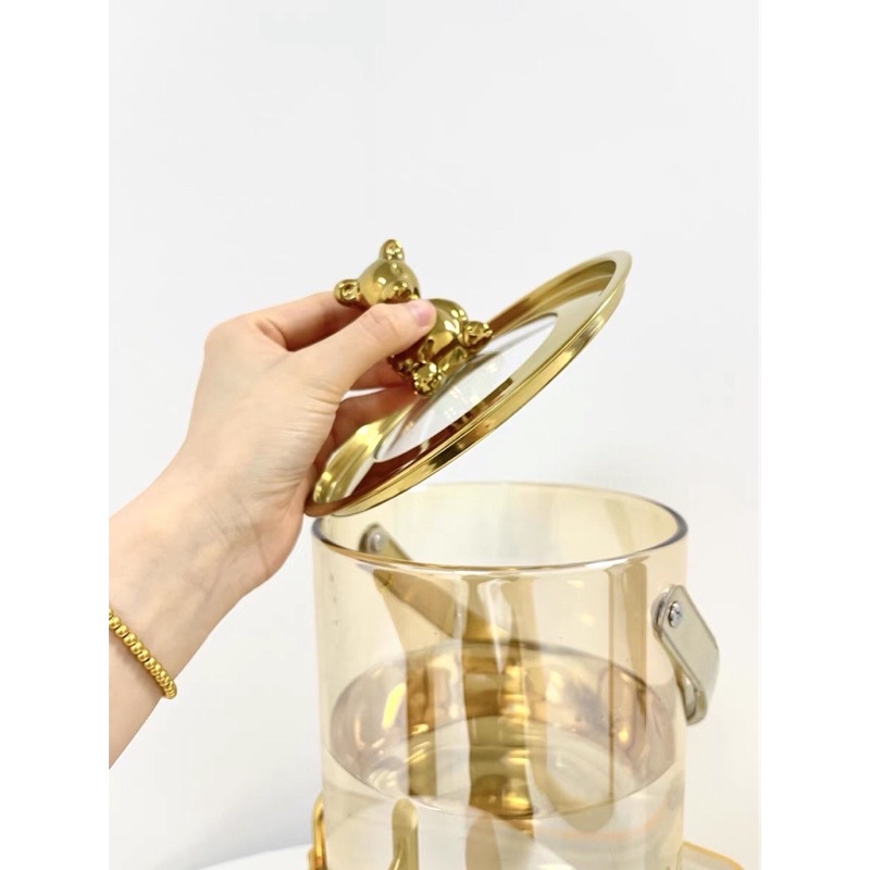 Bình Nước Thuỷ Tinh Borosilicate Hình Gấu Kèm Giá Đỡ Mạ Vàng
