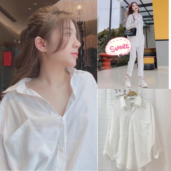 ÁO SƠ MI ĐŨI LỤA OVERSIZE CÓ TÚI NGỰC SWEET (Ảnh thật )