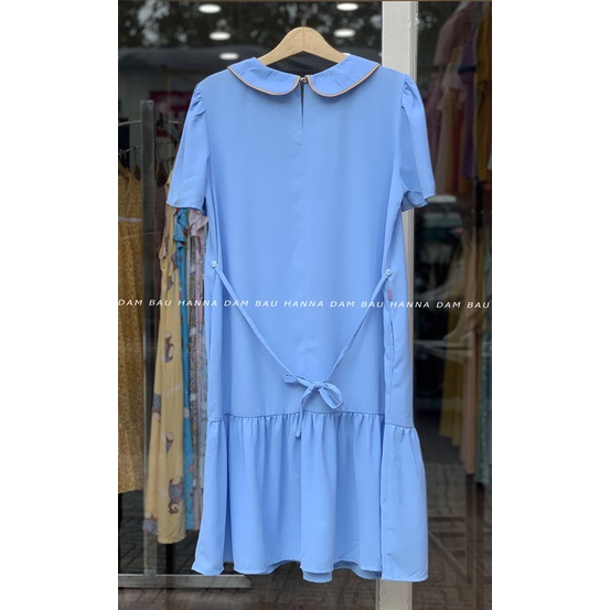 [HANNA] Đầm bầu công sở đũi mát mùa hè mềm không nhăn có size 80kg đuôi cá cổ lá sen dễ thương dài qua gối có túi