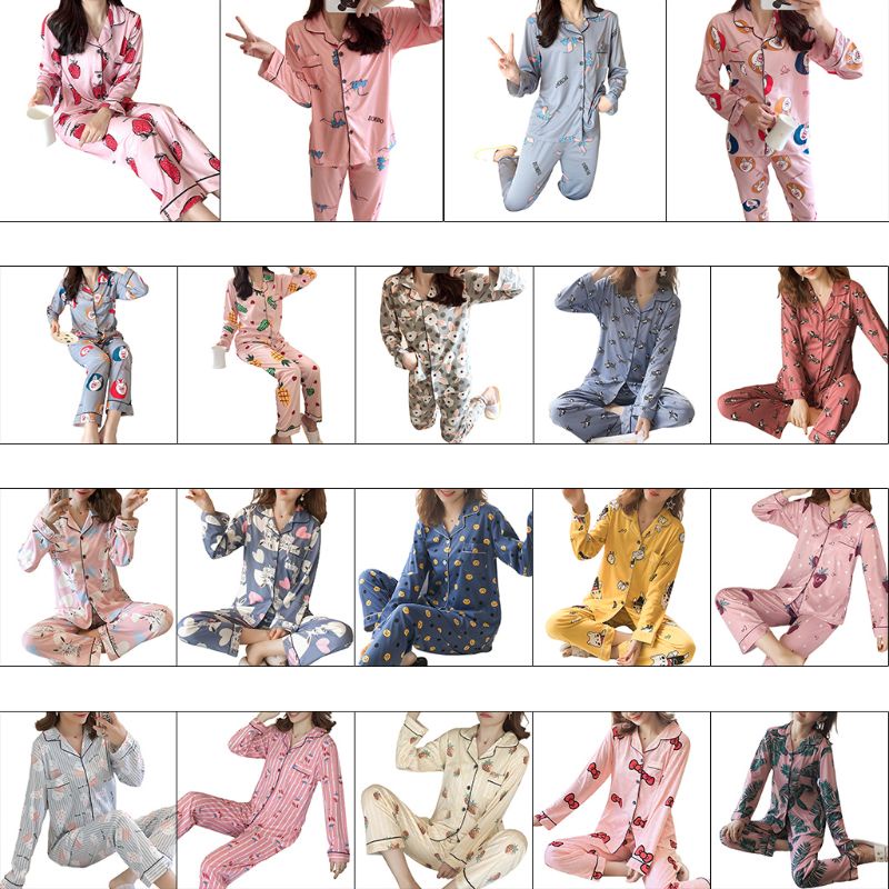 Bộ Đồ Ngủ Tay Dài Có Nút In Họa Tiết Hoạt Hình Dễ Thương Cho Nữ