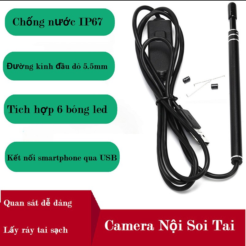 (RẺ VÔ ĐỊCH) Camera Nội Soi Siêu Nét 6 Đèn Led Kèm Bộ Đầu Lấy Ráy Tai Kết Nối Dễ Dàng Với Điện Thoại OTP - Lỗi 1 đổi 1