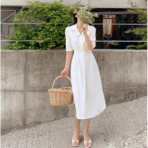 Váy Midi ngắn tay Màu trơn Phong Cách Hàn Quốc 43940