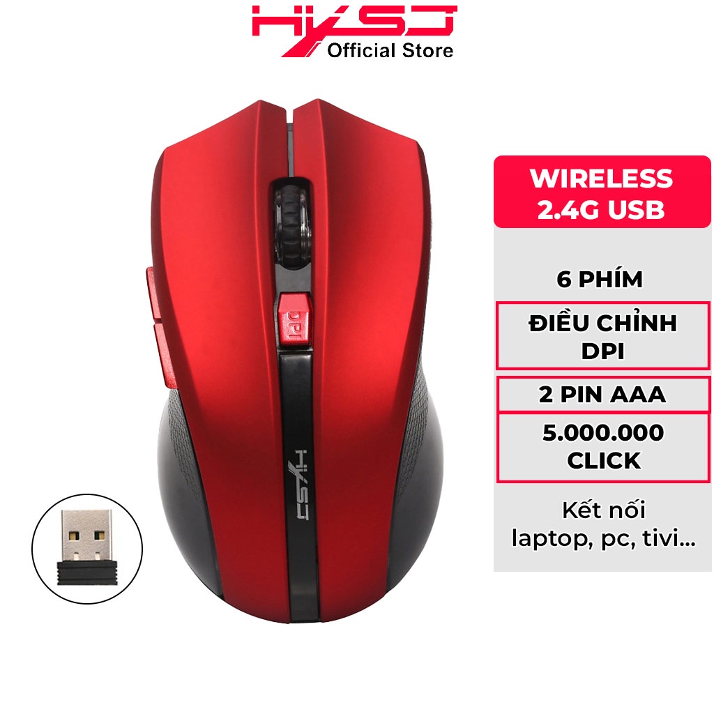 Chuột không dây HXSJ X50 Red/Black có nút trợ năng, điều chỉnh 2400DPI chuyên dùng chơi game, máy tính, laptop, tivi