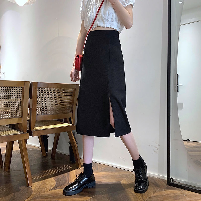 SUXI Chân váy midi lưng cao thiết kế chữ A cho nữ