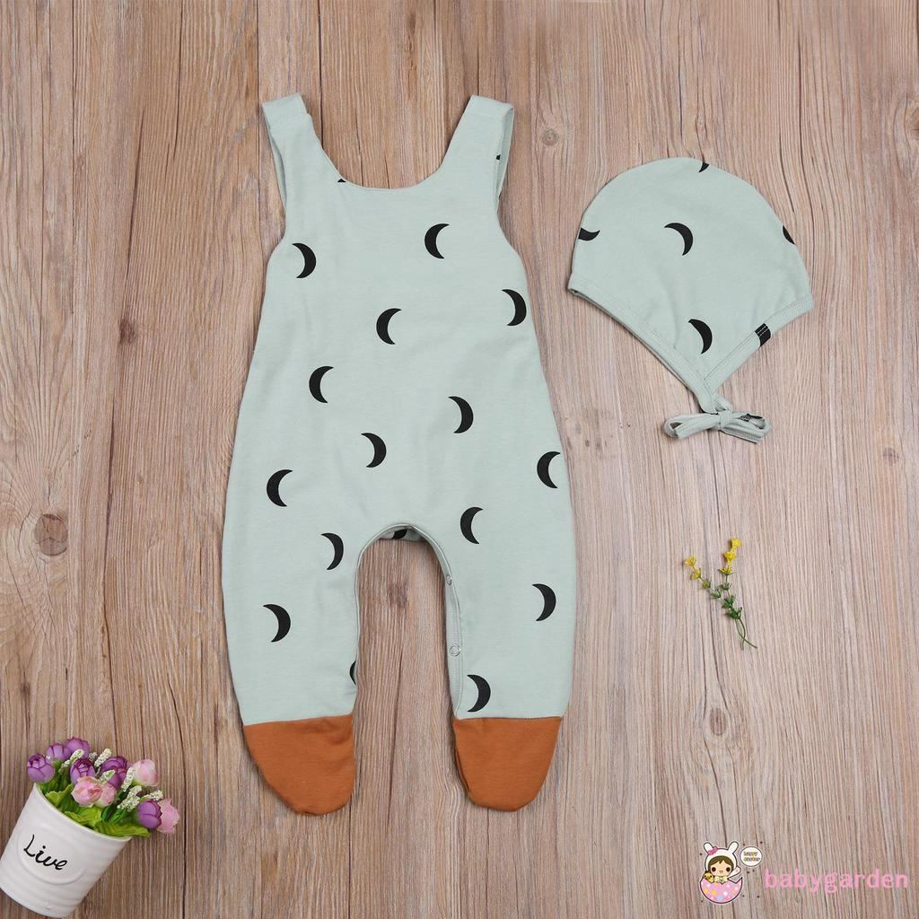 Áo liền quần che chân in hình mặt trăng/chấm bi/lá + mũ trùm thời trang cho trẻ sơ sinh