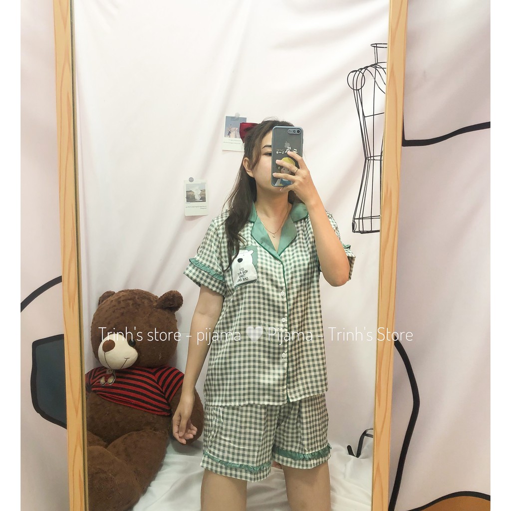 Pijama đồ bộ đùi lụa - hình gấu ô caro 2 màu [hình shop chụp]