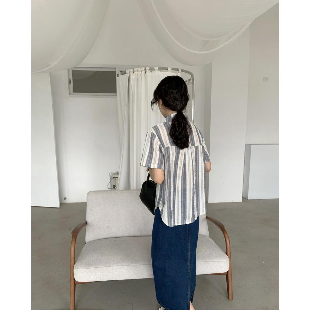 Áo Sơ Mi Cotton Lanh Kẻ Sọc Ngắn Tay Thời Trang Hè Hàn Quốc Sành Điệu 62164