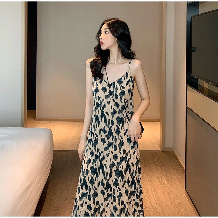 Đầm Maxi Hai Dây Chất Chiffon Họa Tiết Da Báo Phong Cách Hàn Quốc