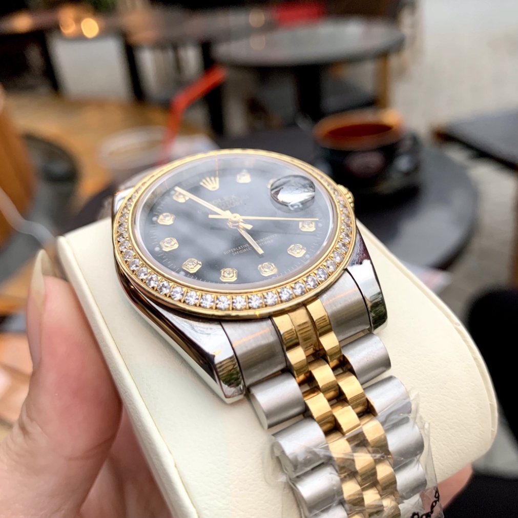 Đồng Hồ Nam RoLex DayJust Sapphire RA25 Mặt ĐEN viền đá Máy cơ Automatic Nhật