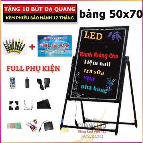 [Free Ship] - Bảng Led Huỳnh Quang, Bảng Viết Dạ Quang 50x70cm  ( Tặng kèm chân giá + 10 bút + Điều khiển + khăn lau)