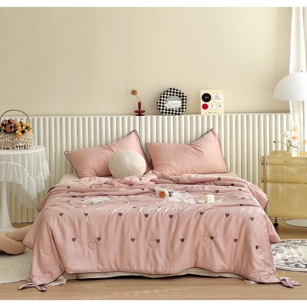 Chăn tencel thêu tim kèm nơ cao cấp, chăn đắp hè thêu tim tencel mềm mịn kích thước 2mx2m3 MỚI