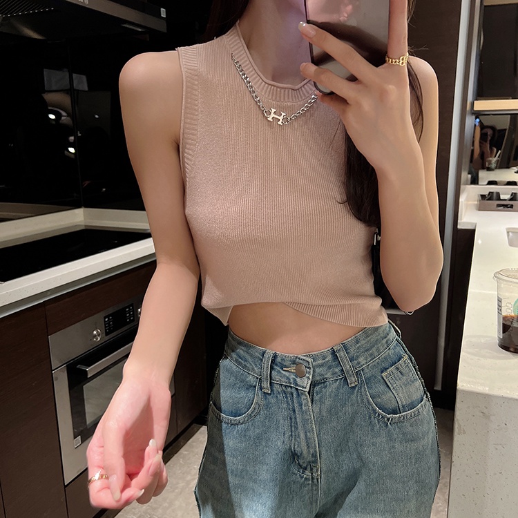 Áo dệt kim SUXI sát nách cổ tròn màu trơn phối dây xích dễ thương