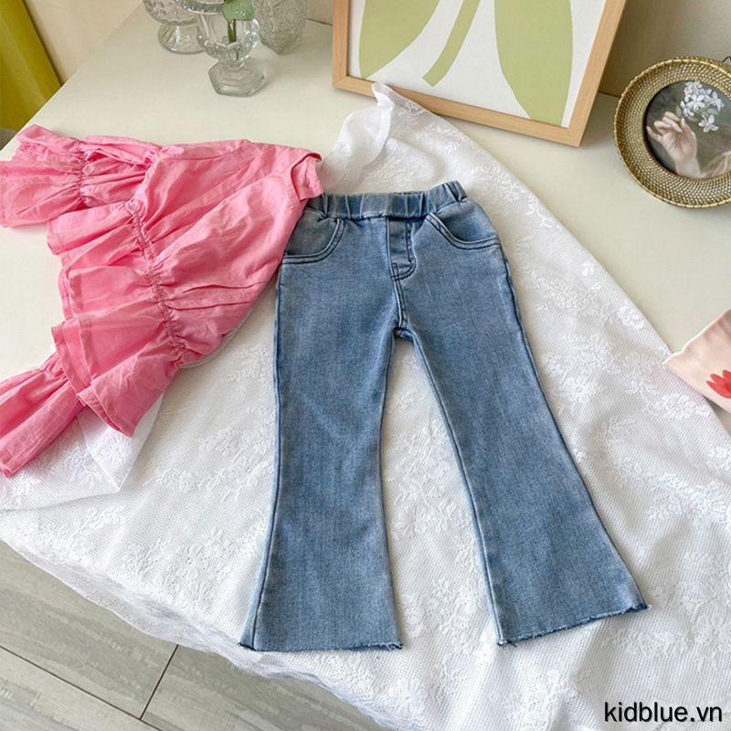 Quần jeans dài tám tấc ống suông phong cách đơn giản thường ngày cho bé gái