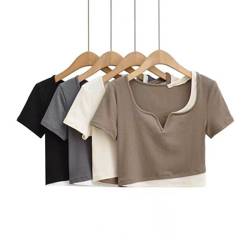 Áo Thun Ngắn Tay Giả Hai Lớp Phong Cách Đường Phố Cho Nữ