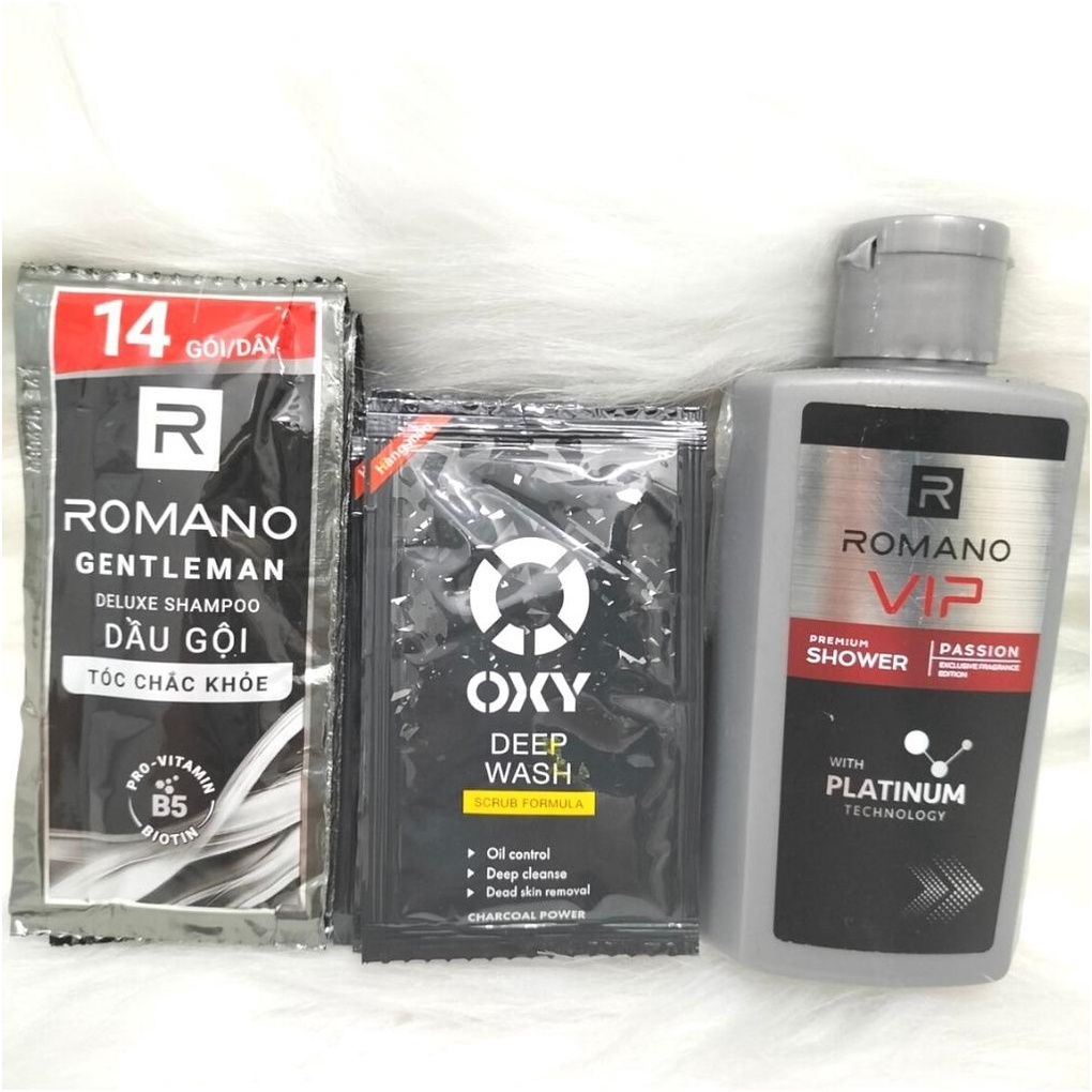 Set 3 Món: Gồm 1 Dây 14 gói dầu gội Romano 6g+1 Chai Sữa tắm Romano 60g+ 5 gói Sữa Rửa mặt Oxy 3g*5 cho nam-Hàng mini