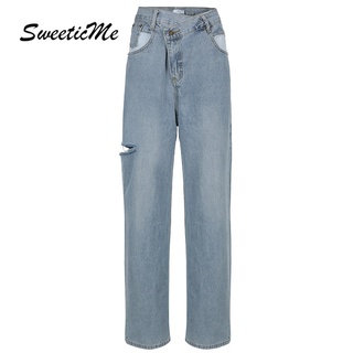 Quần Jeans Nữ Lưng Cao Dáng Rộng Rách Gối Sweeticme