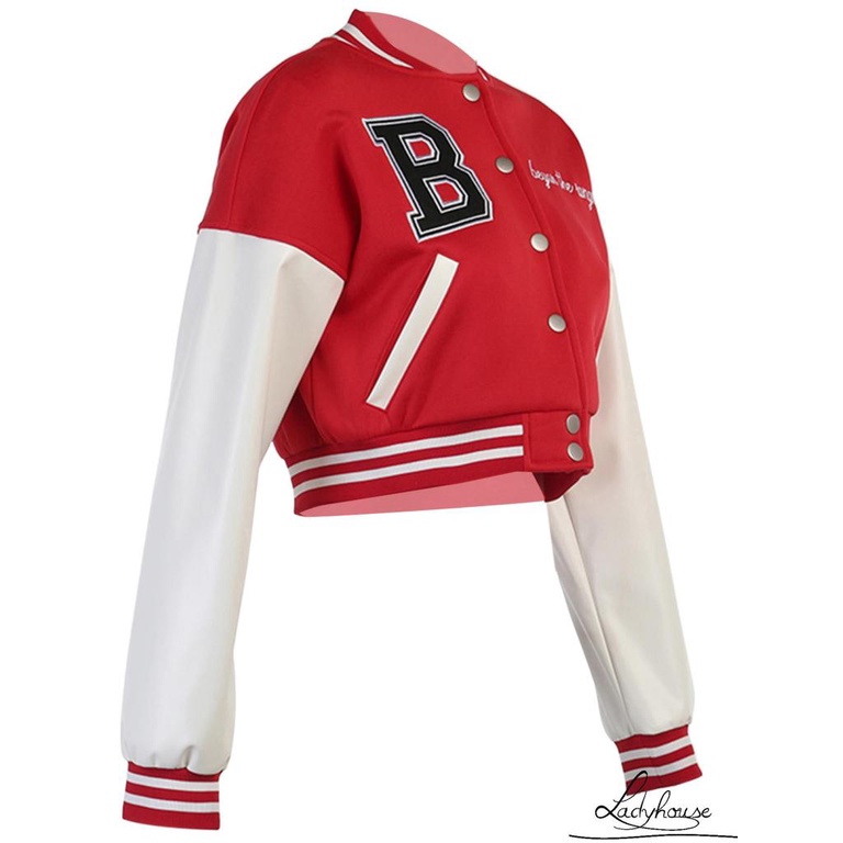 Áo khoác da lửng tay dài dáng rộng thêu chữ cá tính cho nữ