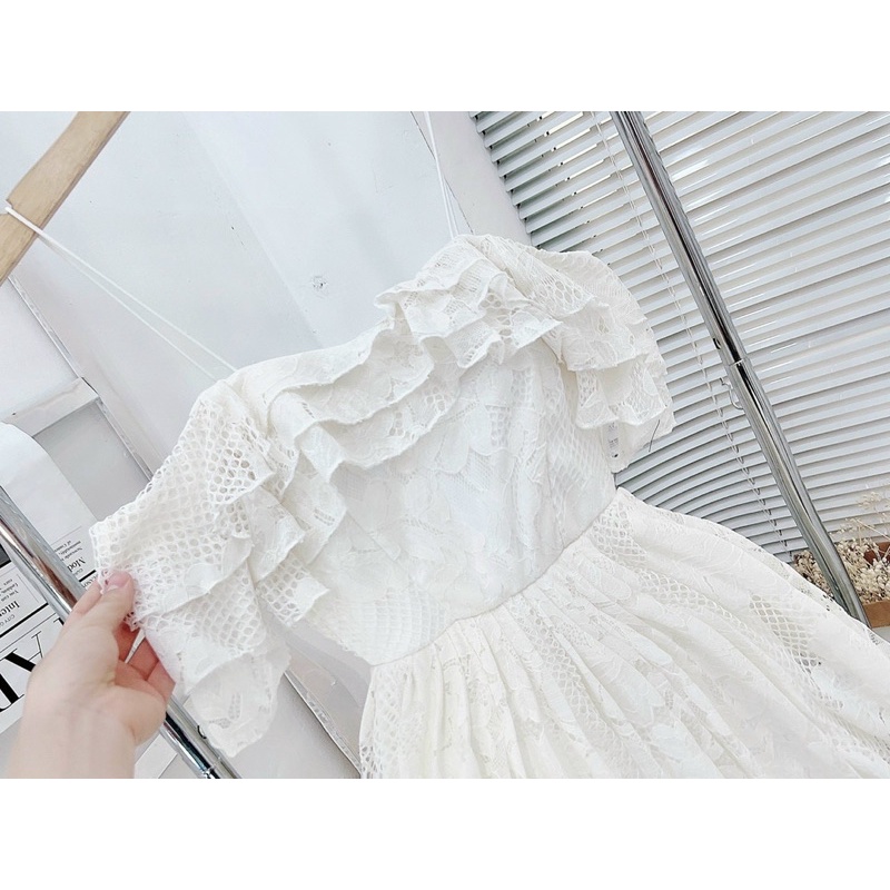 Đầm maxi ren trắng xoè dập ly rớt bẹt vai bèo Đầm váy du lịch đi biển đi chơi hotgirl tk xinh dịu dàng