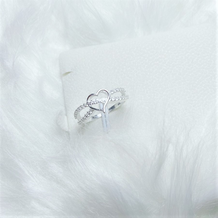 Nhẫn bạc nữ 2 hàng đá đan chéo mặt trái tim, chất liệu bạc ta cao cấp - Trang sức bạc Evasilver