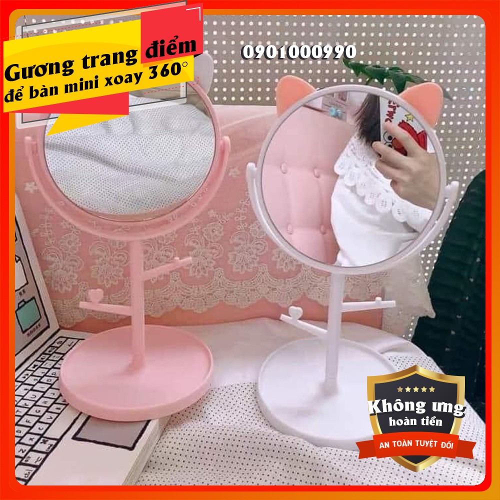 ⚡RẺ VÔ ĐỊCH⚡Gương trang điểm để bàn mini hình mèo siêu dễ thương - Xoay 360 độ