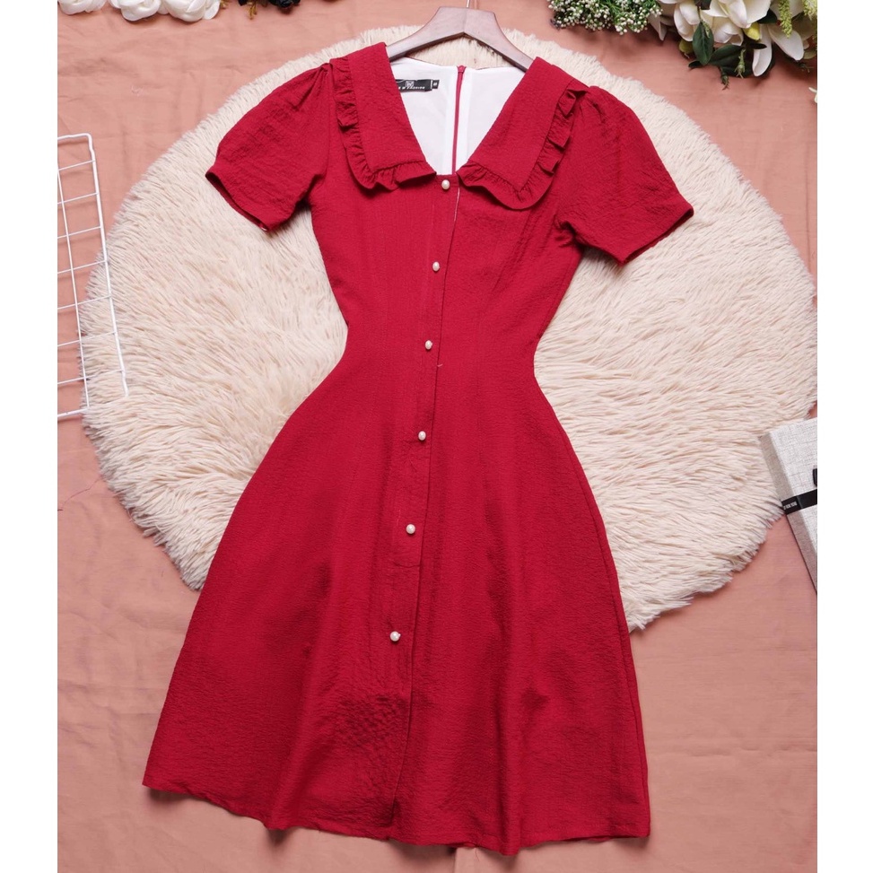 Đầm đỏ xinh đầm dự tiệc sang trọng thiết kế thanh lịch tiểu thư cổ v dáng xòe tay ngắn đính nủt đẹp - Lux W