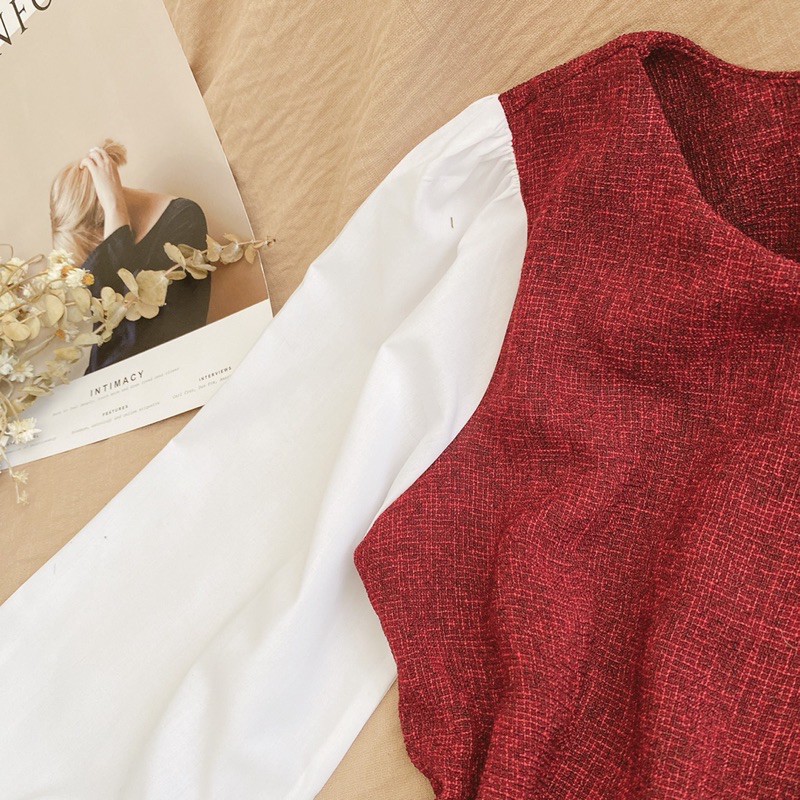 SIÊU XINH ĐẦM ĐỎ PHỐI TAY TRẮNG BAO ĐẸP | BigBuy360 - bigbuy360.vn