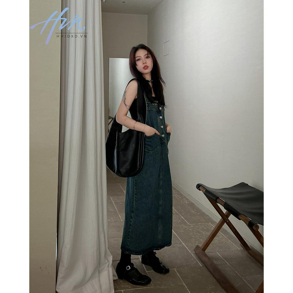 Váy Yếm Denim Dáng Dài Form Rộng Điều Chỉnh Được Phong Cách Retro Xuân Hè Cho Nữ