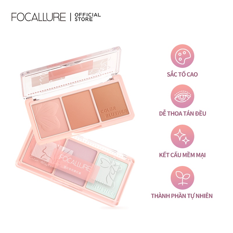 Bảng phấn má hồng FOCALLURE 3 màu sắc tố cao lâu trôi trọng lượng nhẹ 13.5g