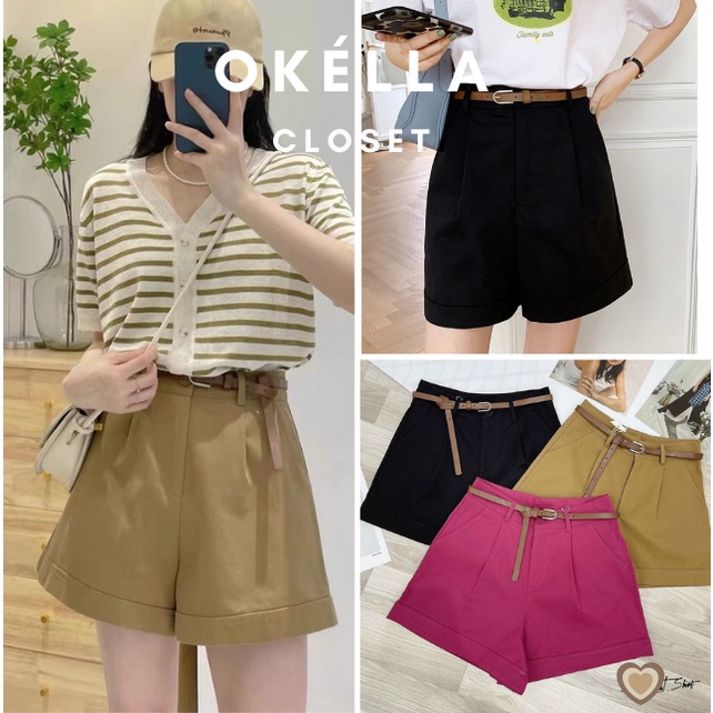Quần short nữ cạp cao chất kaki, quần đùi nữ năng động kèm belt phong cách Hàn Quốc Okélla