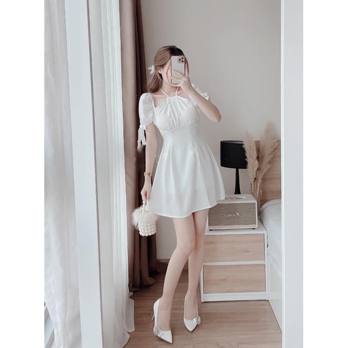 Đầm dạo phố dáng xòe cổ yếm tay bồng nhẹ phối nơ xinh xắn - XiXi Dress