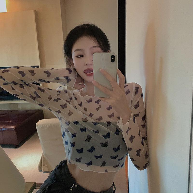 Áo Thun Croptop Tay Dài In Hình Bướm Xinh Xắn Gợi Cảm Cho Nữ
