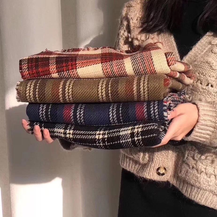 Khăn quàng cổ nữ chất liệu len dạ kẻ caro, kẻ 2 mặt, khăn choàng cổ phong cách vintage Tom House